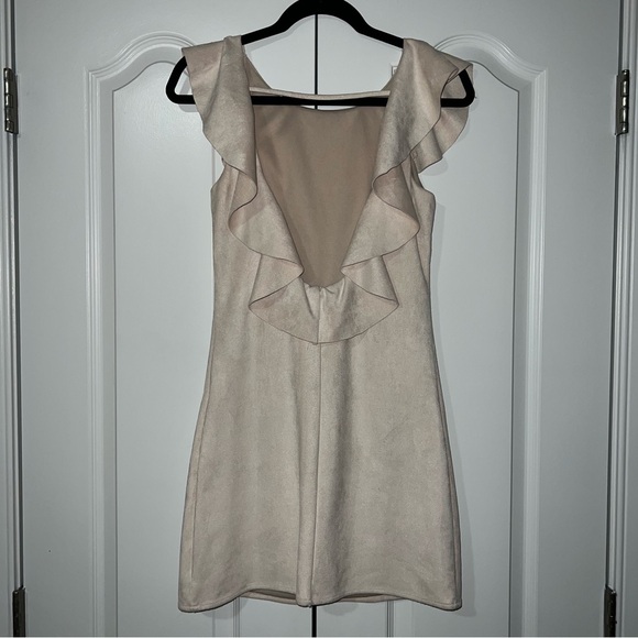 Backless Cream Suede Cocktail Dress w/ Ruffle Detail - Picture 5 of 7